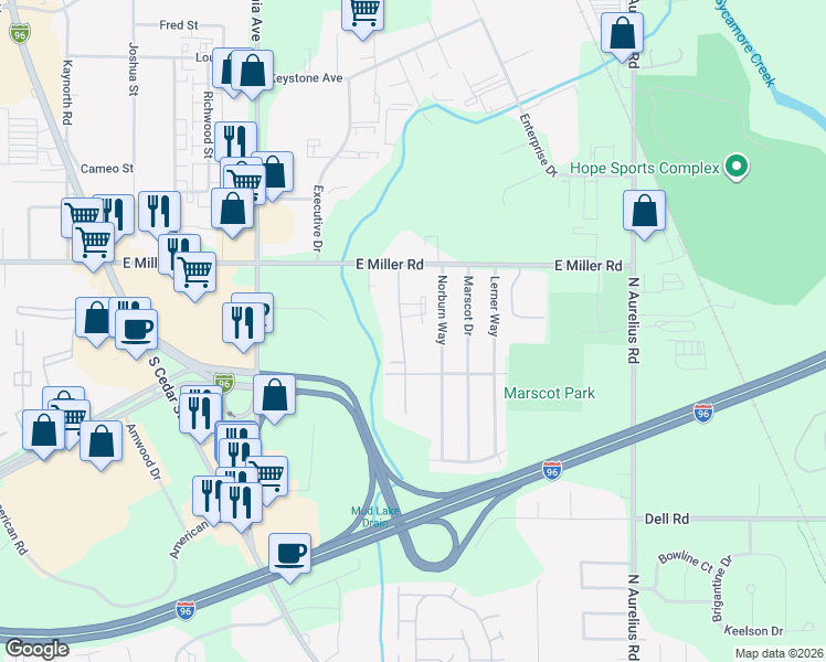 map of restaurants, bars, coffee shops, grocery stores, and more near 6200 Beechfield Drive in Lansing
