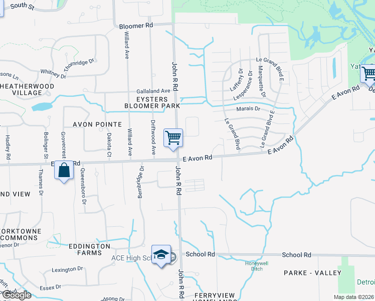 map of restaurants, bars, coffee shops, grocery stores, and more near 885 Balsam Circle in Rochester Hills