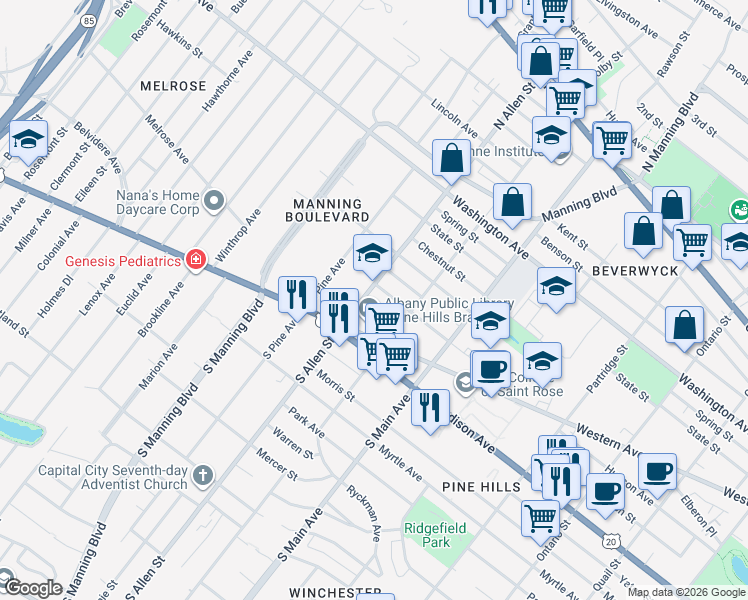map of restaurants, bars, coffee shops, grocery stores, and more near 41 North Allen Street in Albany
