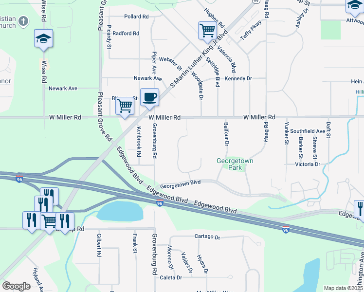 map of restaurants, bars, coffee shops, grocery stores, and more near 2036 Georgetown Boulevard in Lansing
