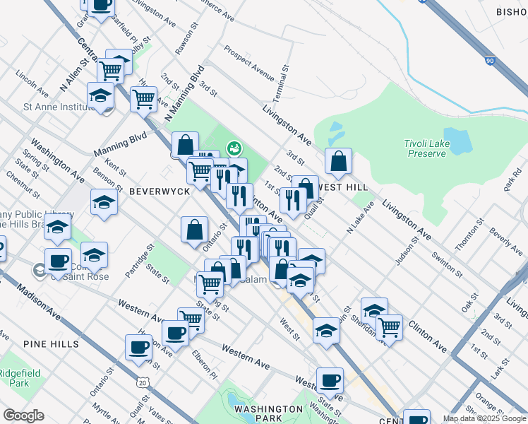 map of restaurants, bars, coffee shops, grocery stores, and more near 640 Clinton Avenue in Albany