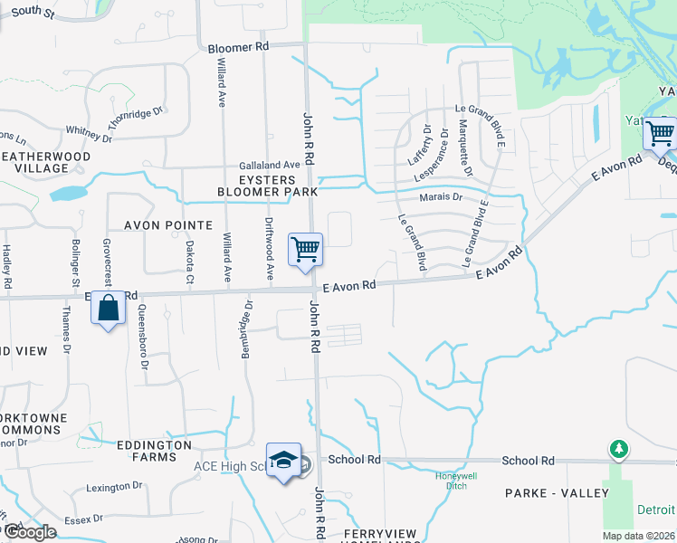 map of restaurants, bars, coffee shops, grocery stores, and more near 885 Balsam Circle in Rochester Hills