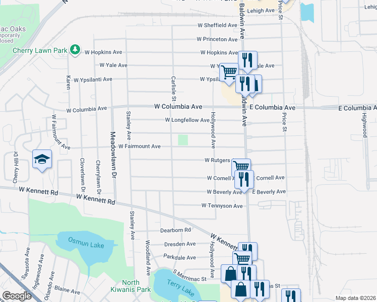 map of restaurants, bars, coffee shops, grocery stores, and more near 145 West Fairmount Avenue in Pontiac
