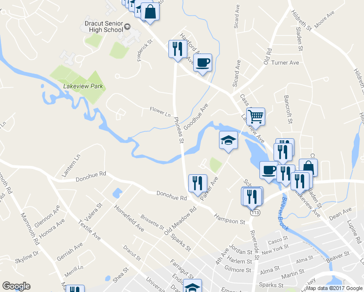 map of restaurants, bars, coffee shops, grocery stores, and more near 161 Phineas Street in Dracut