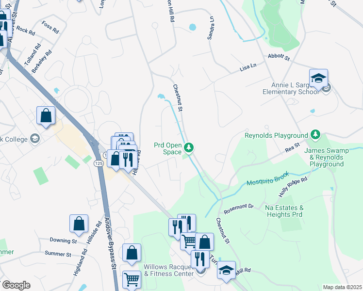 map of restaurants, bars, coffee shops, grocery stores, and more near 445 Chestnut Street in North Andover