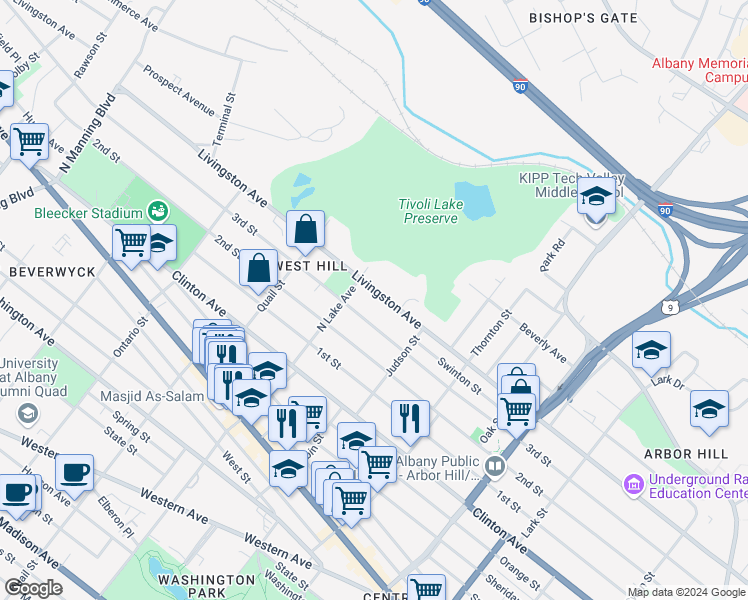 map of restaurants, bars, coffee shops, grocery stores, and more near 466 Livingston Avenue in Albany