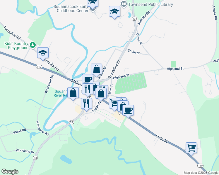 map of restaurants, bars, coffee shops, grocery stores, and more near 10 Bow Street in Townsend