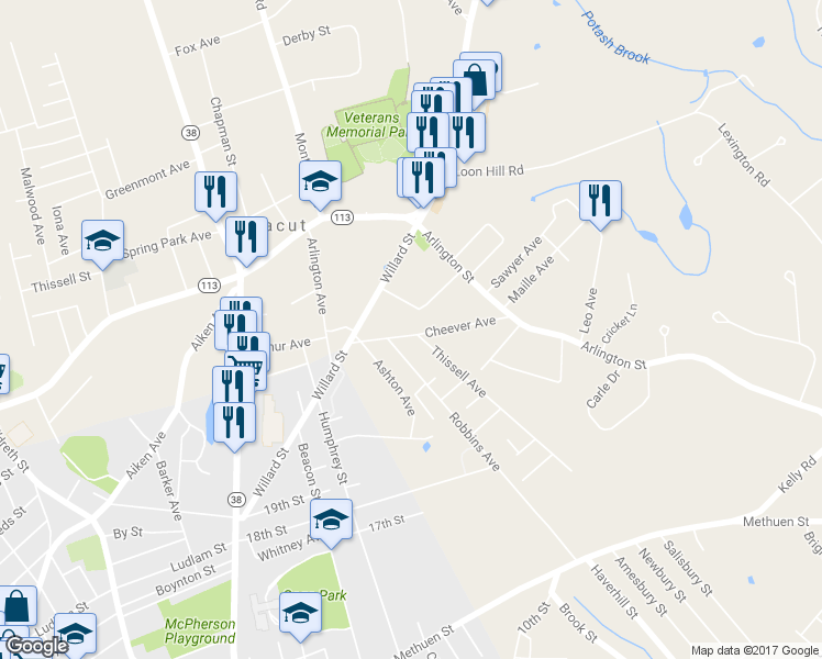 map of restaurants, bars, coffee shops, grocery stores, and more near 50 Cheever Avenue in Dracut