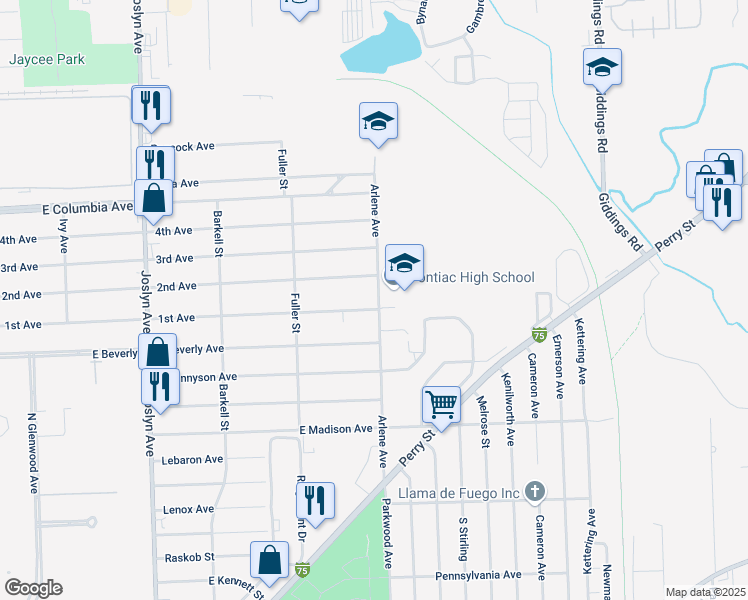 map of restaurants, bars, coffee shops, grocery stores, and more near 795 1st Avenue in Pontiac