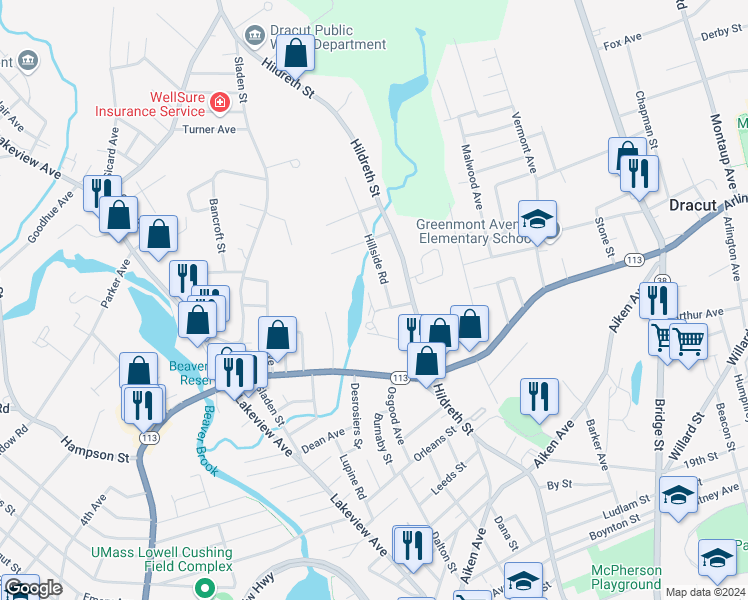 map of restaurants, bars, coffee shops, grocery stores, and more near 25 Tobey Road in Dracut