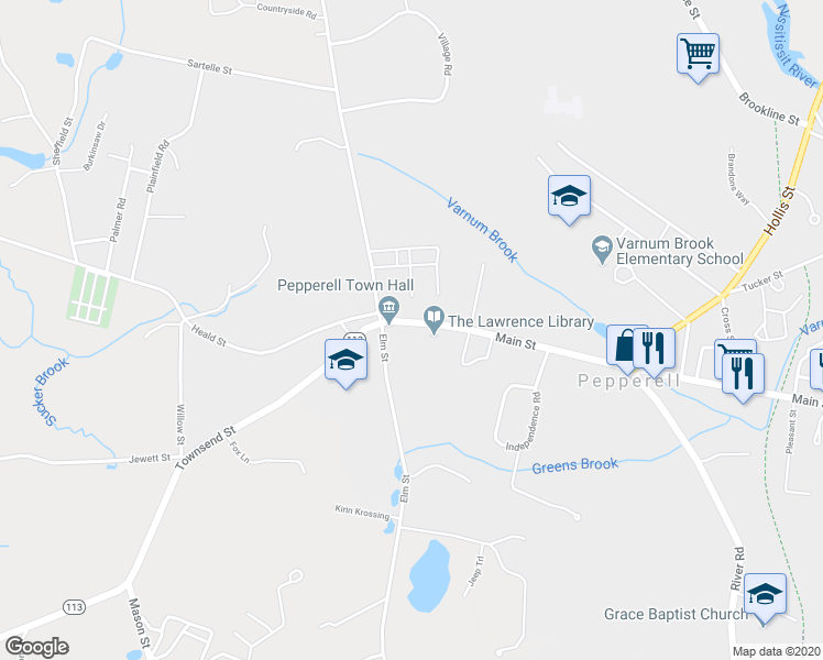 map of restaurants, bars, coffee shops, grocery stores, and more near 11 Main Street in Pepperell