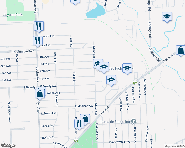 map of restaurants, bars, coffee shops, grocery stores, and more near 795 1st Avenue in Pontiac