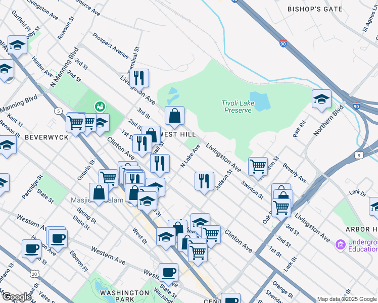 map of restaurants, bars, coffee shops, grocery stores, and more near 205 North Lake Avenue in Albany