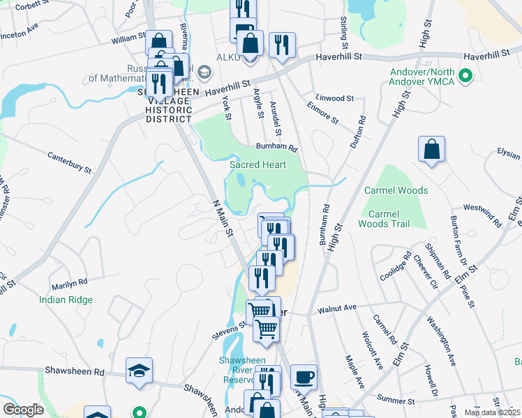 map of restaurants, bars, coffee shops, grocery stores, and more near 100 Washington Park Drive in Andover