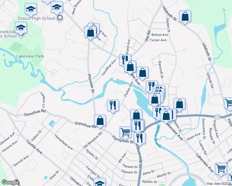 map of restaurants, bars, coffee shops, grocery stores, and more near 49 Parker Avenue in Dracut