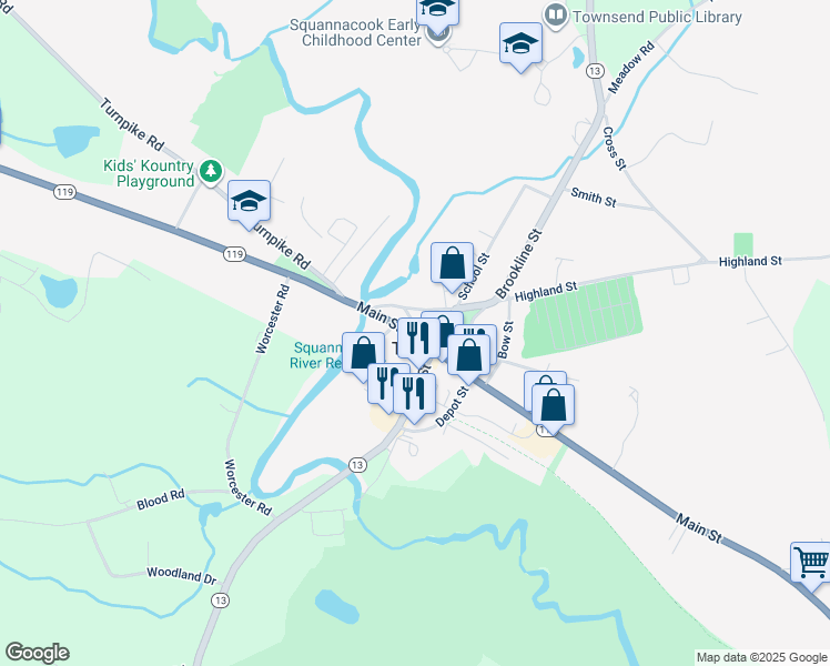 map of restaurants, bars, coffee shops, grocery stores, and more near in Townsend