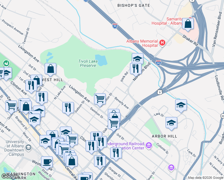 map of restaurants, bars, coffee shops, grocery stores, and more near 110 Thornton Street in Albany