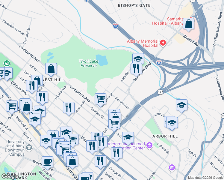 map of restaurants, bars, coffee shops, grocery stores, and more near 110 Thornton Street in Albany