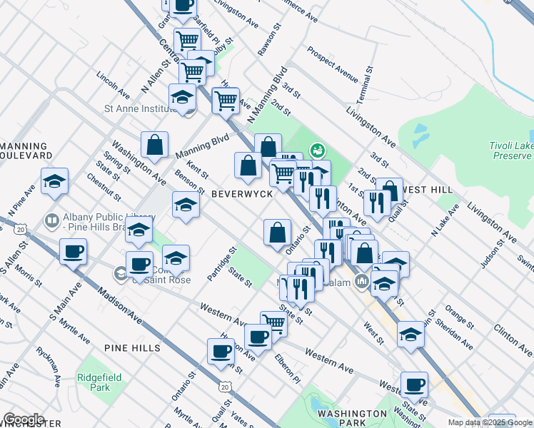 map of restaurants, bars, coffee shops, grocery stores, and more near 51 Partridge Street in Albany