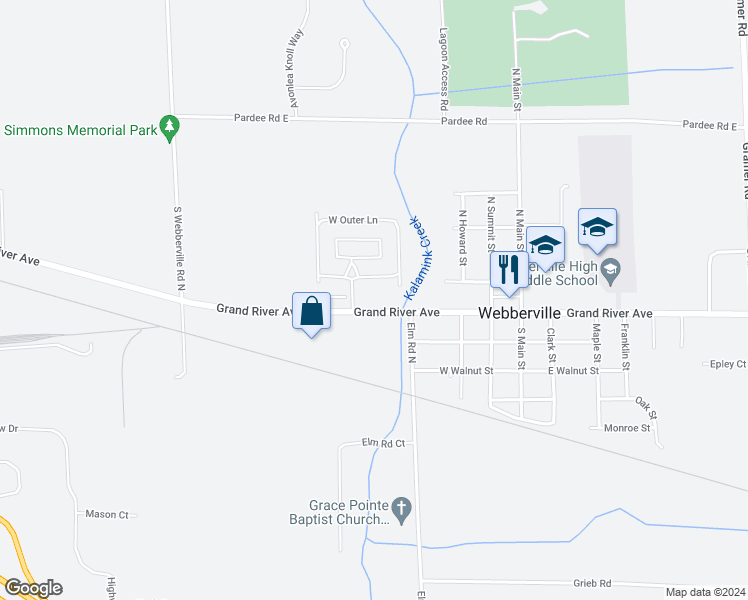 map of restaurants, bars, coffee shops, grocery stores, and more near 390 West Grand River Road in Webberville