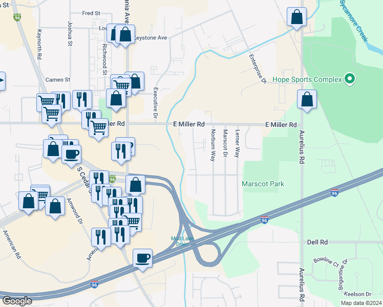 map of restaurants, bars, coffee shops, grocery stores, and more near 6200 Beechfield Drive in Lansing