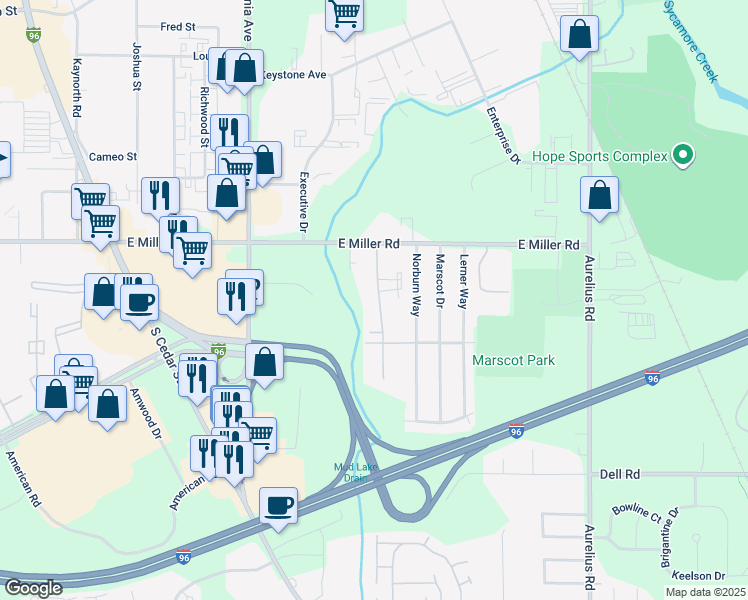 map of restaurants, bars, coffee shops, grocery stores, and more near 6200 Beechfield Drive in Lansing