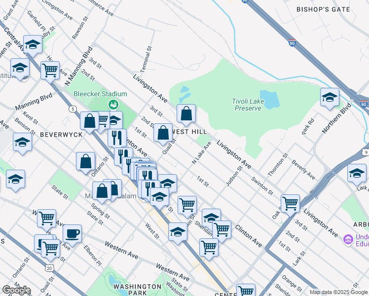 map of restaurants, bars, coffee shops, grocery stores, and more near 443 2nd Street in Albany