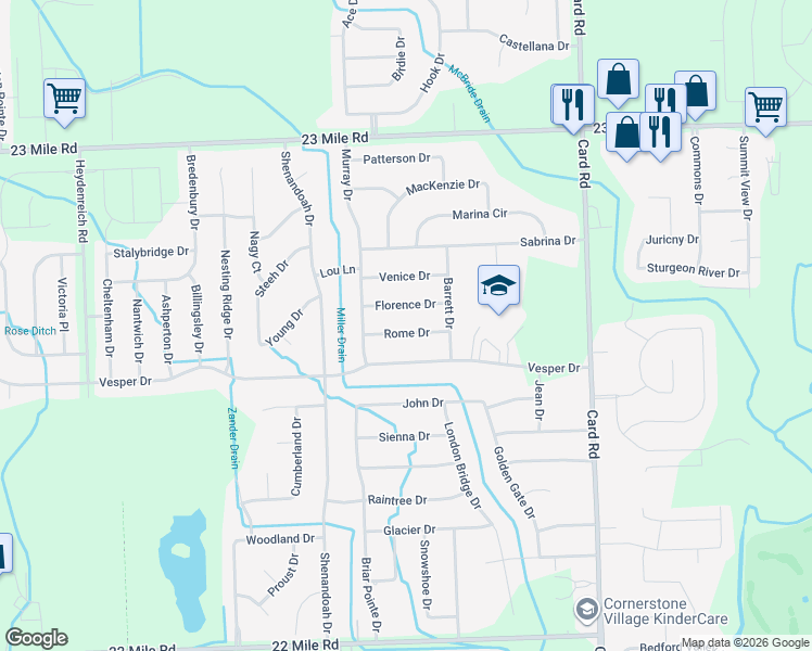 map of restaurants, bars, coffee shops, grocery stores, and more near 21359 Rome Drive in Macomb