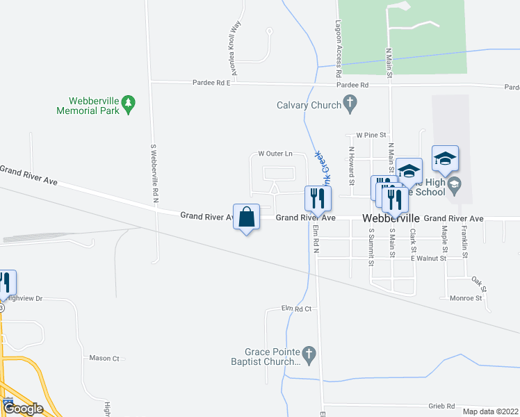 map of restaurants, bars, coffee shops, grocery stores, and more near 4699 West Grand River Road in Webberville