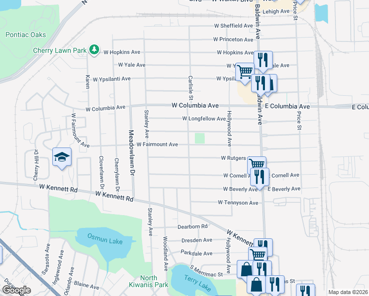 map of restaurants, bars, coffee shops, grocery stores, and more near 187 West Fairmount Avenue in Pontiac