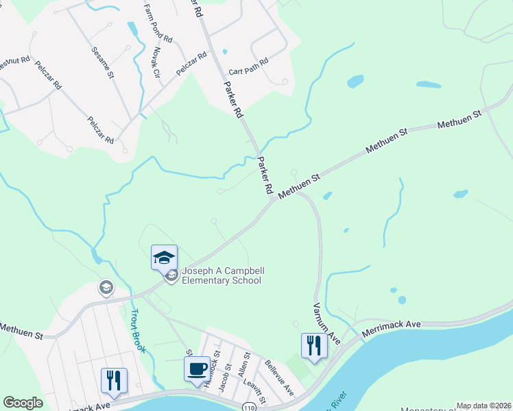 map of restaurants, bars, coffee shops, grocery stores, and more near 1124 Methuen Street in Dracut