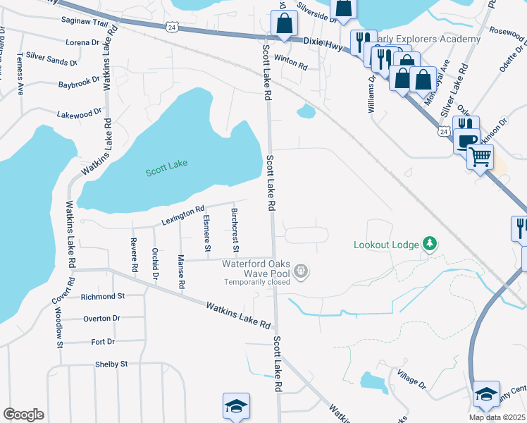 map of restaurants, bars, coffee shops, grocery stores, and more near 1975 Scott Lake Road in Waterford Township