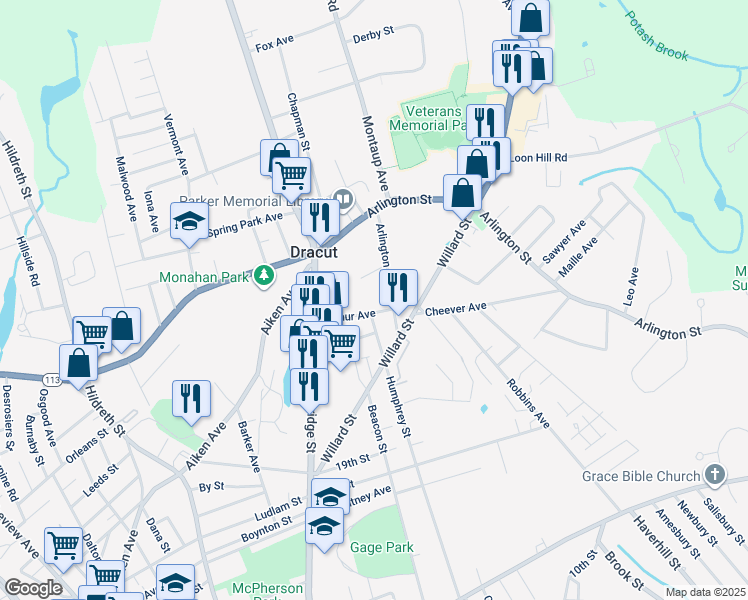 map of restaurants, bars, coffee shops, grocery stores, and more near 50 Arthur Avenue in Dracut
