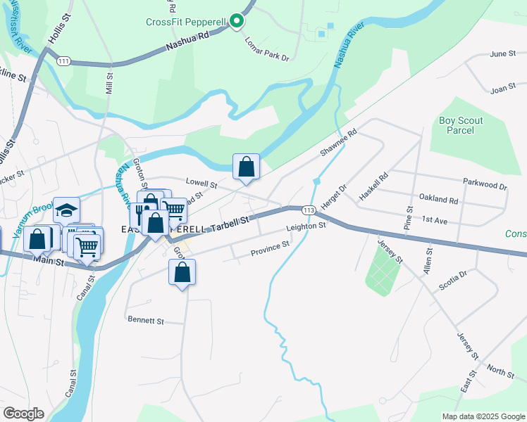 map of restaurants, bars, coffee shops, grocery stores, and more near 38 Tarbell Street in Pepperell