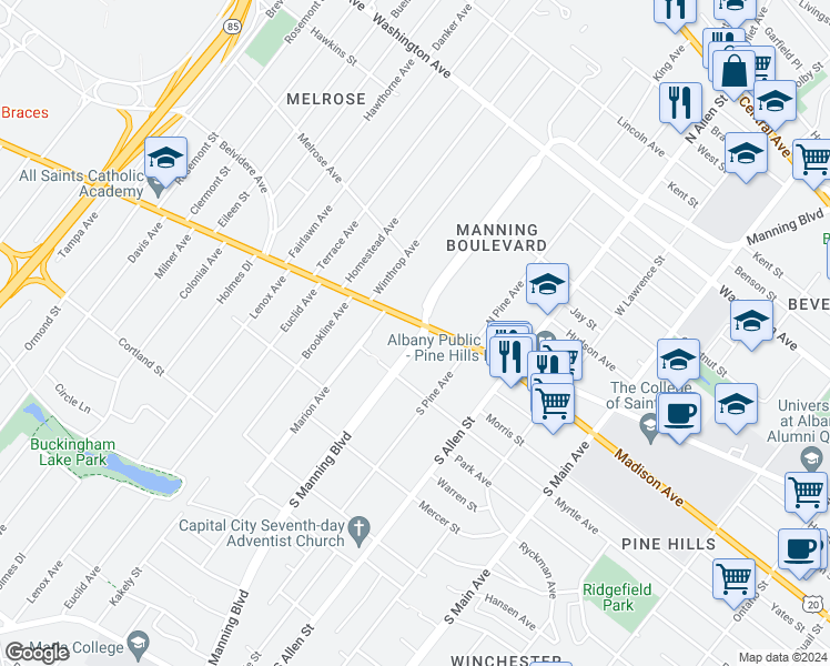 map of restaurants, bars, coffee shops, grocery stores, and more near 586 Western Avenue in Albany