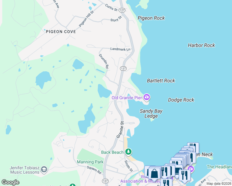 map of restaurants, bars, coffee shops, grocery stores, and more near 46 Granite Street in Rockport