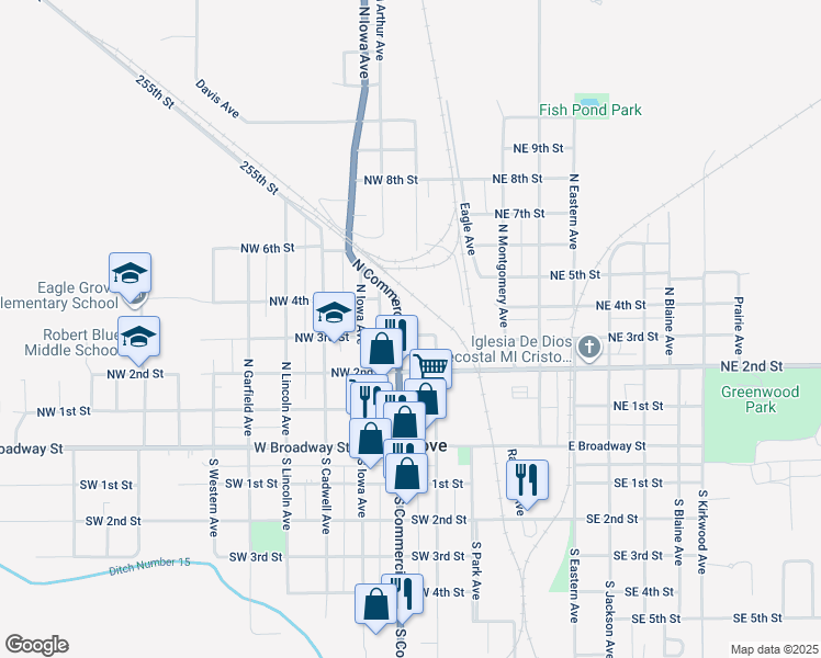 map of restaurants, bars, coffee shops, grocery stores, and more near 400 North Commercial Avenue in Eagle Grove