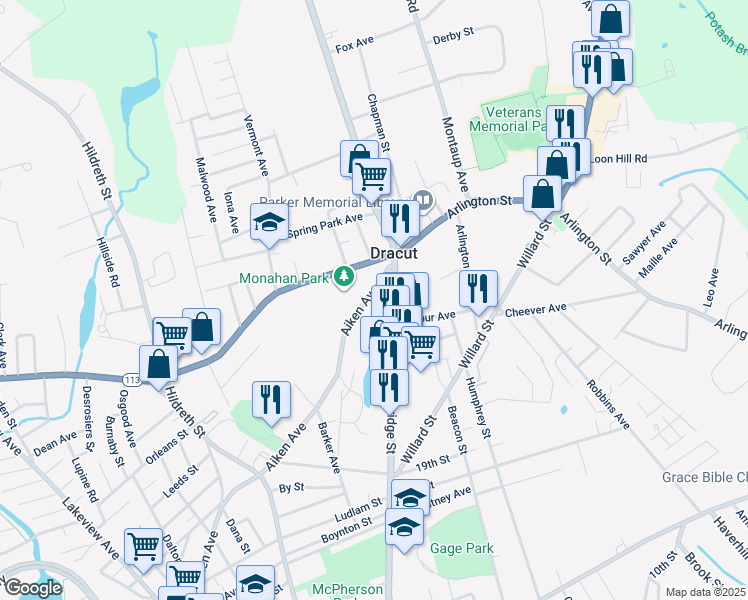 map of restaurants, bars, coffee shops, grocery stores, and more near 23 Kearsage Avenue in Dracut