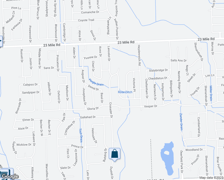map of restaurants, bars, coffee shops, grocery stores, and more near 50170 Crusader Drive in Macomb