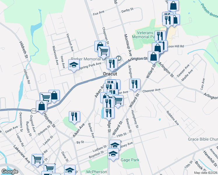 map of restaurants, bars, coffee shops, grocery stores, and more near 1300 Bridge Street in Dracut