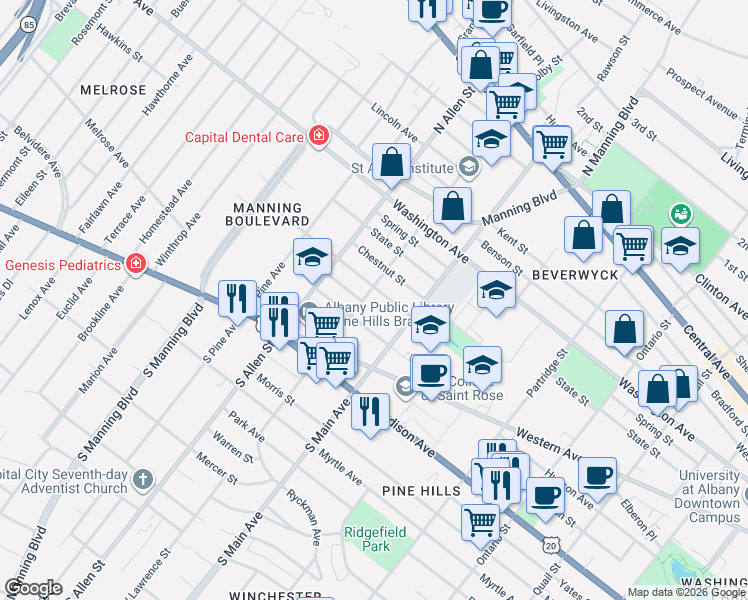 map of restaurants, bars, coffee shops, grocery stores, and more near 173 West Lawrence Street in Albany