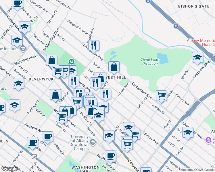map of restaurants, bars, coffee shops, grocery stores, and more near 52 Quail Street in Albany