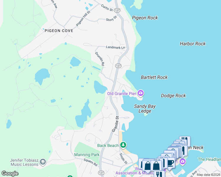 map of restaurants, bars, coffee shops, grocery stores, and more near 46-46 Granite Street in Rockport