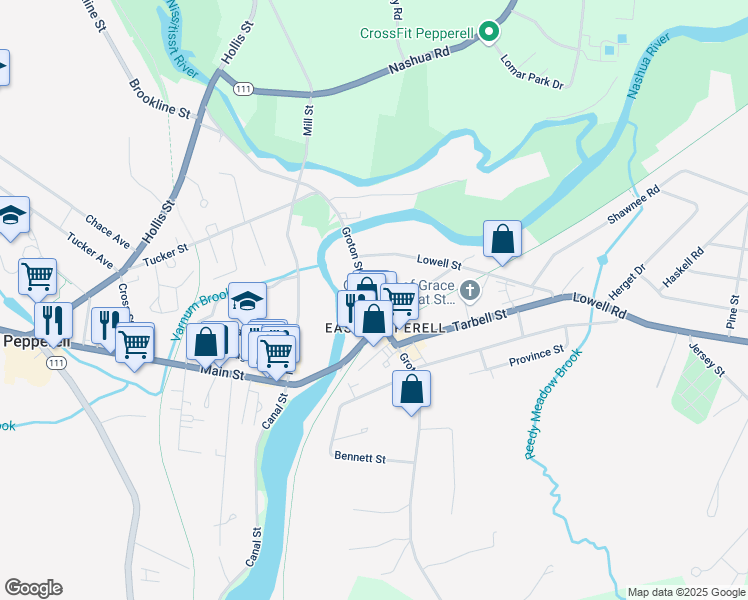 map of restaurants, bars, coffee shops, grocery stores, and more near 44 Groton Street in Pepperell