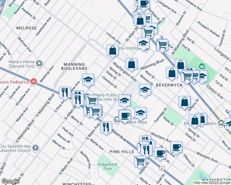 map of restaurants, bars, coffee shops, grocery stores, and more near 796 Chestnut Street in Albany