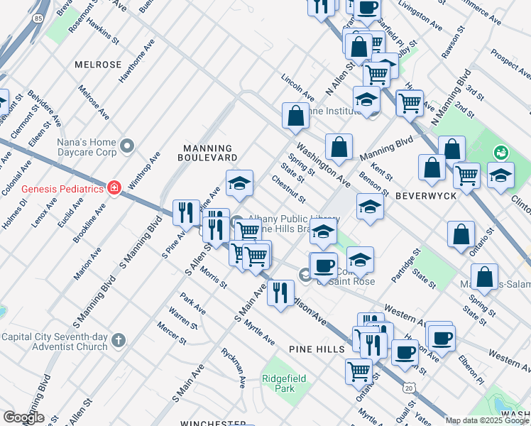 map of restaurants, bars, coffee shops, grocery stores, and more near 695 Hudson Avenue in Albany
