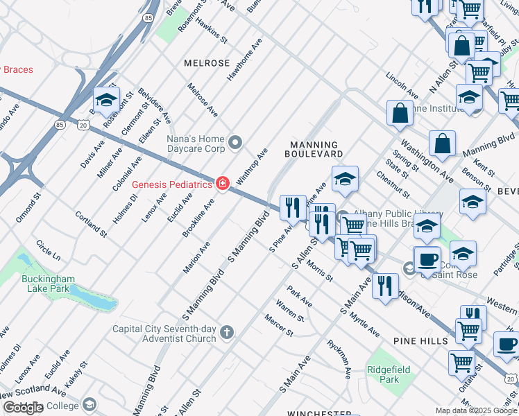 map of restaurants, bars, coffee shops, grocery stores, and more near 586 Western Avenue in Albany