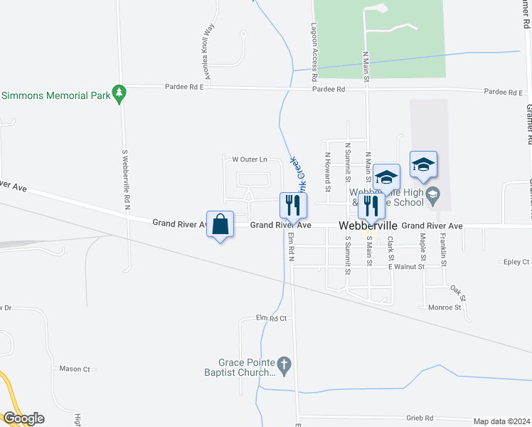 map of restaurants, bars, coffee shops, grocery stores, and more near 390 West Grand River Road in Webberville