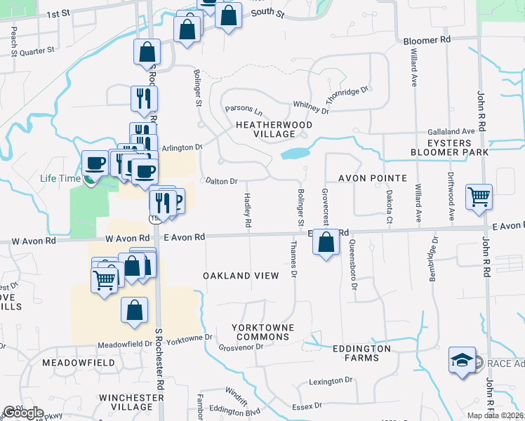 map of restaurants, bars, coffee shops, grocery stores, and more near 269 East Avon Road in Rochester Hills