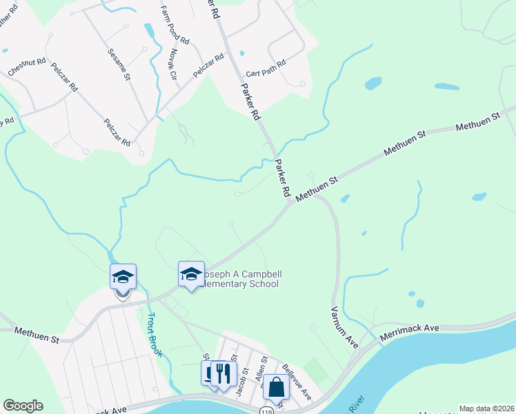 map of restaurants, bars, coffee shops, grocery stores, and more near 1116 Methuen Street in Dracut